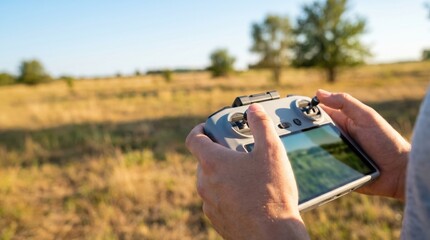 Pilot holding a drone remote controller in a sunlit field
